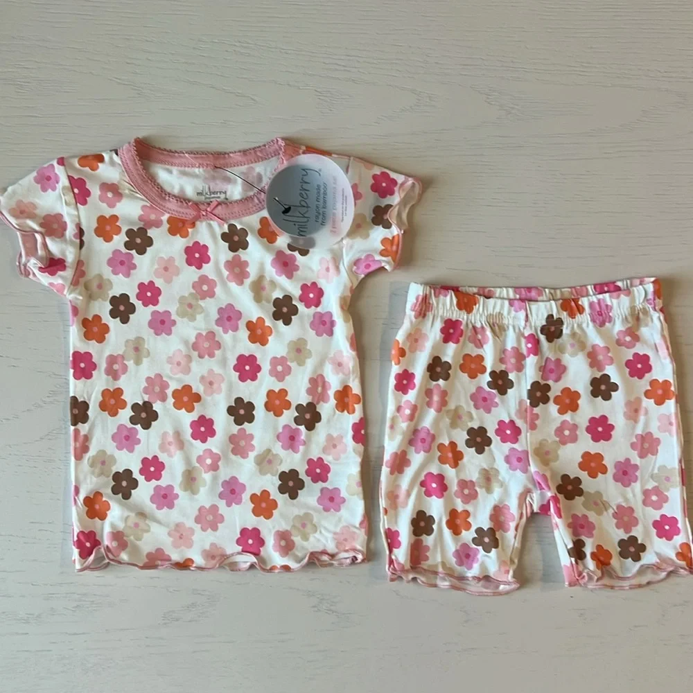 Milkberry Toddler Girl Bamboo Short Pajama Set Pink Retro Floral 3T